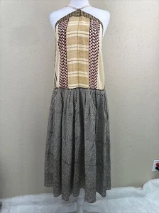 VOLANTIS G.V. MAJIL handbemalt 100% Seide hellbraun Azteken Zickzack Boho Kleid One Size - Bild 1 von 10