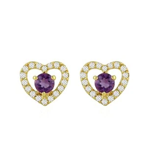 0.43ct Purple Amethyst White Topaz Heart Shape Stud Earrings 14k Yellow Gold - Picture 1 of 6