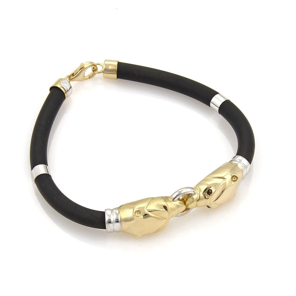 RCI 18k Two Tone Gold & Sapphire Double Panther Head Rubber Cord Bracelet - Image 1 of 4