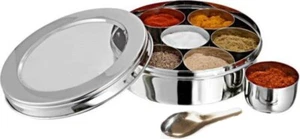 Neu Edelstahl Gewürz Masala Box 7 Gewürzbehälter 1 Löffel Glas runder Deckel - Bild 1 von 3