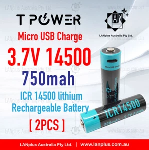 2x Tpower AA Size 3.7v ICR 14500 750mAh Rechargeable li-ion Battery Micro USB - Picture 1 of 5