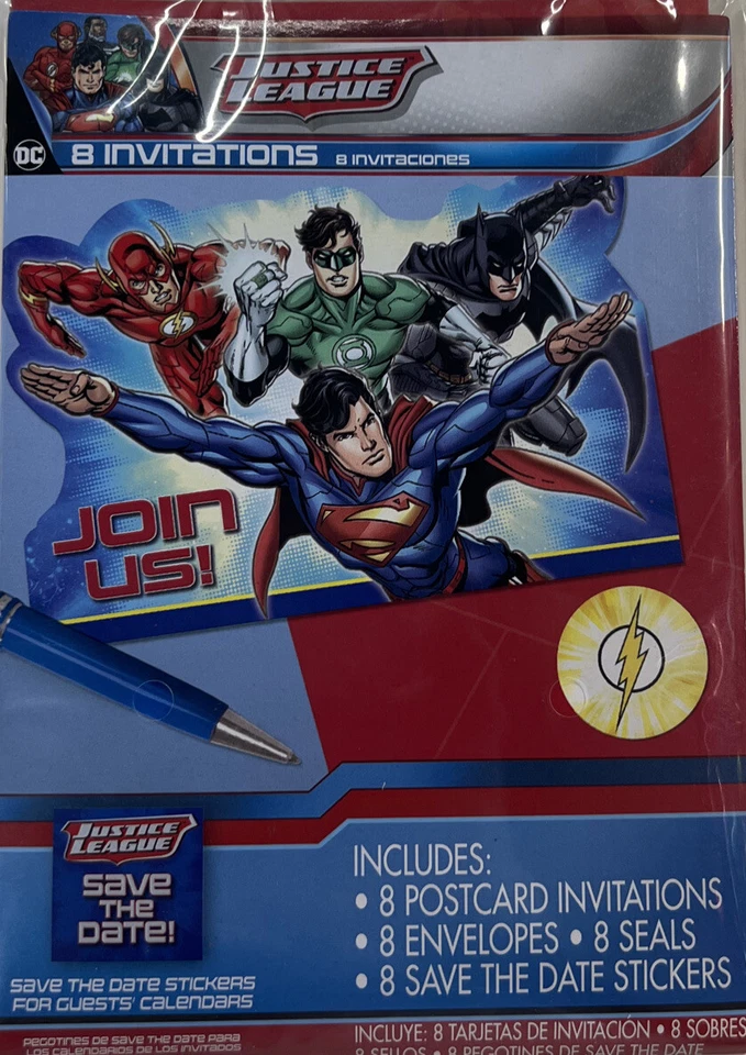 DC Comics Liga de la Justicia Invitaciones de Cumpleaños Conjunto de 8 ~ NUEVO Foto 1 de 2