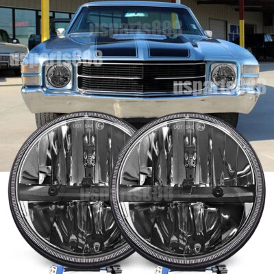 2pcs Fit Chevy El Camino 1971-1975 7" Round LED Headlights HI-LO Beam Black DOT - Image 1 of 4