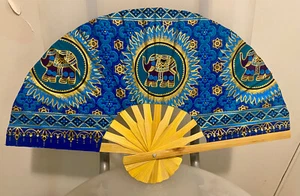 Fan Thai Folding Blue Green Elephant Hand Wooden Thailand Decor พัดมือช้าง สีฟ้า - Picture 1 of 11