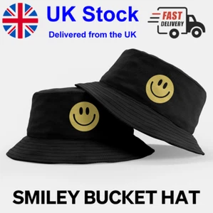 SMILE FACE YELLOW PRINT Summer Festival - Black - Bucket Fishing Hat - Picture 1 of 2