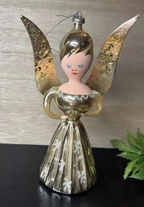 Vintage DE CARLINI Gold Painted Glass ANGEL & Wings Christmas Ornament - Picture 1 of 8