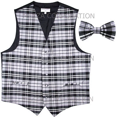 New Vesuvio Napoli Men's plaids checks Tuxedo Vest Waistcoat_Bowtie Gray prom - Image 1 of 4