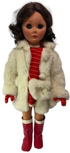 Vintage 1960s Furga 25" Mod Doll Faux Fur Coat Muff Red Mini Dress Go Go Boots - Picture 1 of 13