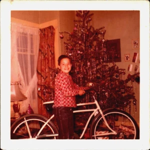 VTG Snapshot Photo Happy Young Boy Gift New Bicycle Christmas Tree Tinsel - Picture 1 of 1