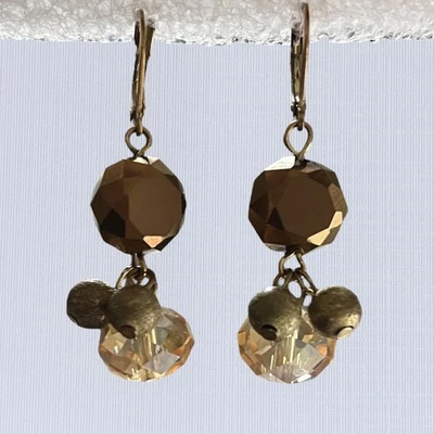 Faceted Glass Dangle Earrings Brown Copper Tone Crystal Metallic Bead Cluster - Image 1 of 4