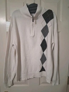 OSCAR DE LA RENTA Men's SZ XL 100% Cotton 1/4 Zip Ivory Muliti Argyle Sweater - Picture 1 of 5