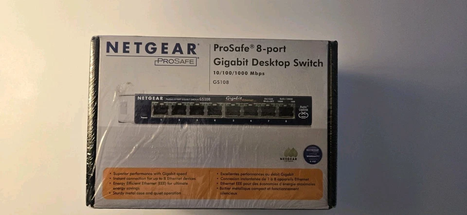 Netgear Prosafe 8 Port Gigabit Switch GS108 10/100/1000 Mbps New in Box - Image 1 of 3
