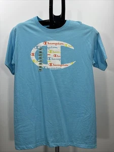 Champion Men’s Classic Graphic Script Logo T-Shirt Blue Size SM Bad tag Location - Picture 1 of 12