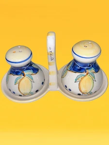 Italian Ceramic Salt Pepper Shakers Caddy Lemons Blue Amalfi Hand Painted Potter - Picture 1 of 7