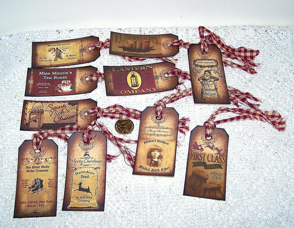 10-Christmas-Old World-Primitive-Handmade-Farmhouse-Linen Cardstock-Gift Tags - Image 1 of 1