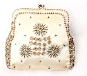 Vintage Coin Purse White Satin with Beads and Sequins Wedding Formal - Picture 1 of 3