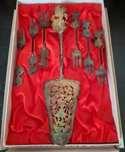 Set indonesische Silbergabeln & zusammen mit einer silbernen Kuchenscheibe OVP - Bild 1 von 12