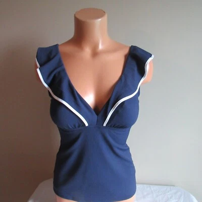 Tommy Bahama Island Cays Cabana Ruffle OTS Tankini Swim Top Mare Navy M NWT - Image 1 of 4