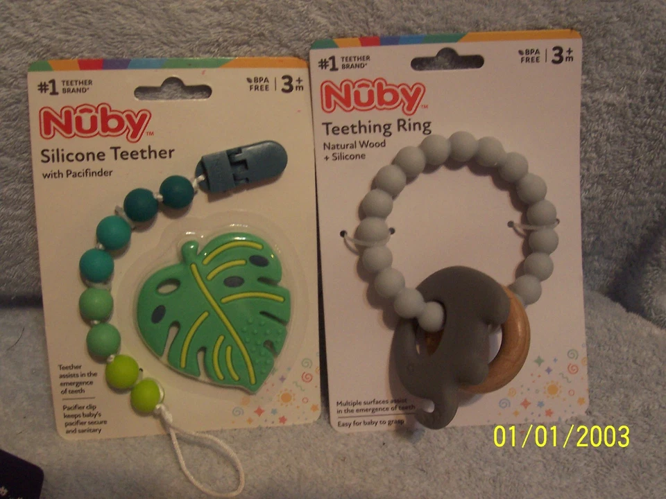 Nuby Silicone Leaf Teether With Pacifinder  & Elephant Teething Ring New 3+ Mos. - Image 1 of 1