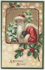 Navidad 1913 Santa Claus lleva árbol, borde de acebo - postal de saludo - Imagen 1 de 2