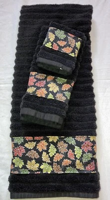 Autumn Fall Bathroom Decor Towel 3 Pc Set Yellow Green Red Brown Leaves Black - Image 1 of 4