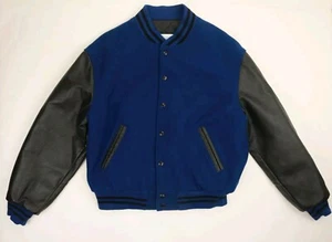 Vintage USA Excelled New York Blue Black Leather Wool Varsity Bomber Jacket L - Picture 1 of 6