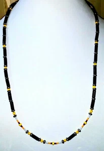 Men's 29 inch Black,Siver acrylic & Yellow Red,White,Blue Glass Necklace - Picture 1 of 1