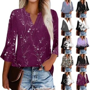 Women'S Work Shirt Pleated 3/4 Sleeve Dress Top V-Neck Shirt Casual Waist Tied - Picture 1 of 42