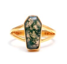 Moss Agate Coffin Ring Gold Plated Ring 925 Sterling Silver Wedding Ring