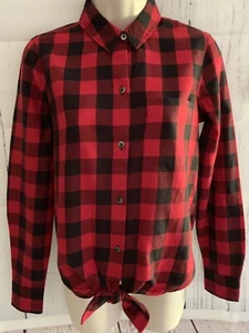Madewell Women’s Size XXS Flannel Tie-Front Shirt Buffalo Check Red/Black - Picture 1 of 8