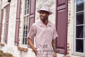 NUEVO Para Hombres Montique 2 Piezas Conjunto de Caminar de Verano Traje de Ocio Lino Textura Malva Rosa - Imagen 1 de 2