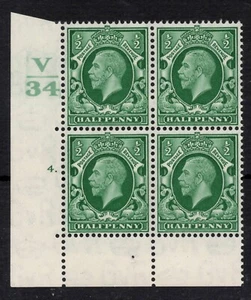 GV - 1934. 1/2d green cylinder V34 block x 4. Very fine unmounted mint. - Picture 1 of 1