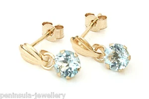 9ct Gold Blue Topaz drop 4mm round small Earrings Made in UK Gift Boxed - Picture 1 of 4
