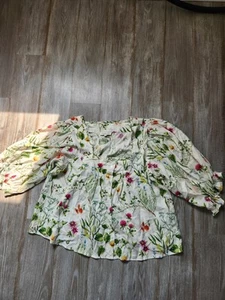 Rachel Zoe weiß bunt Blumen Bluse Tunika Leinenmischung eckiger Ausschnitt fließend XL - Bild 1 von 8
