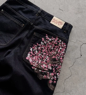 Derschutze Patchwork Cherry Blossom Embroidery Denim Pants Vintage Baggy jeans - Image 1 of 4
