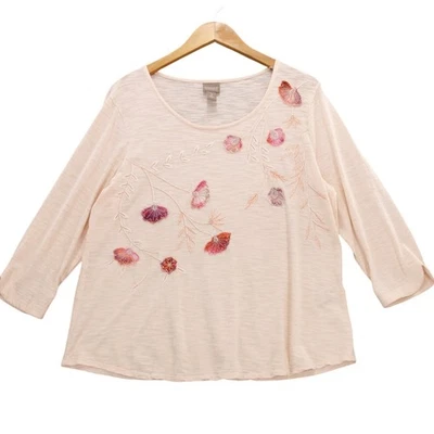 Chico's Pink Embroidered Floral Sleeve Top Women's Size 2 L Slub Jersey Knit - Image 1 of 4