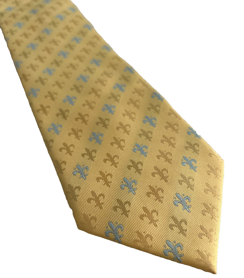 Corbata Firenze Italia Fleur de Lys 100% Seda Amarillo Azul Hecha en Italia Foto 1 de 4