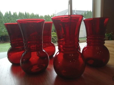 Vintage Anchor Hocking Royal Ruby Red Glass Vases Ribbed 6 3/8” Tall ~  Lot of 6 - Image 1 of 4