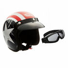 MMG Motorcycle Cruiser 3/4 Shell Open Face Helmet Snap-On Visor Star Red Blue, S