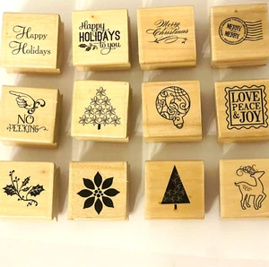 Lotto Timbri Gomma Montaggio Legno Natale Set 12 Happy Holiday Albero Pace Love Joy - Foto 1 di 16