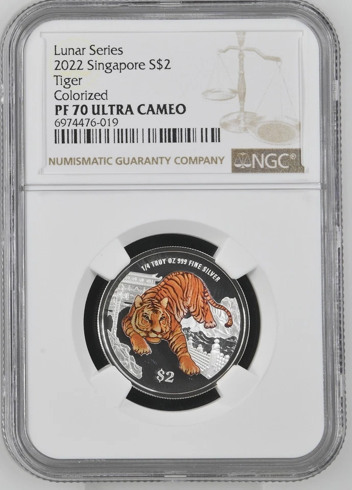 Singapur 2022 Año del Tigre .999 Plata Color Prueba - NGC PF 70 UC Foto 1 de 2