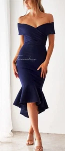 TWO SISTERS BNWT Briennie Navy Off Shoulder BodyCon Ruffle Midi Cotton BDress-10 - Picture 1 of 10