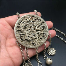 4.6" Collect Old China Miao Silver Dragon Phoenix Auspicious Pendant