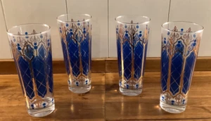 Vintage Anchor Hocking Royal Blue Fleur-de-lis Blue Gold 6.75" Highball Set of 4 - Picture 1 of 3