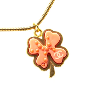 CHANEL CC Logo Pink Clover Necklace 30" Gold Tone 03P Auth w/Box #4119 - Picture 1 of 6