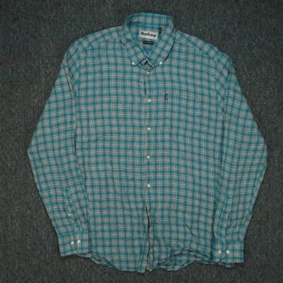 Barbour Shirt Mens Large Blue Felix Tailored Fit Plaid Linen Long Sleeve - Image 1 of 4