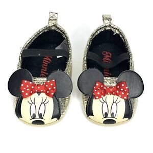 Disney Minnie Mouse Baby Slip On Shoes Size 3-6 Months Gold Black Red Bow