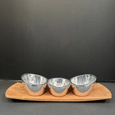 Nambe Trio Condiment Set with Wooden Base Neil Cohen 6271 Bowls - Image 1 of 4