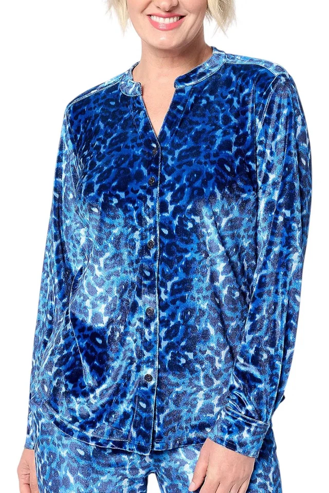 Isaac Mizrahi Live! Top para mujer estampado elástico con botones delanteros azul Foto 1 de 1