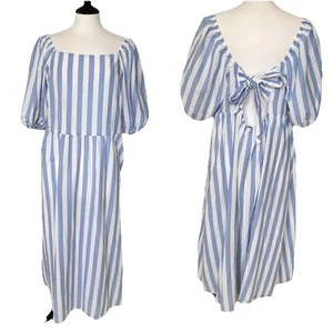 F&F .. Pale Blue and White Stripe Short Sleeve Bow Back Summer Dress Sz 20 - Picture 1 of 7